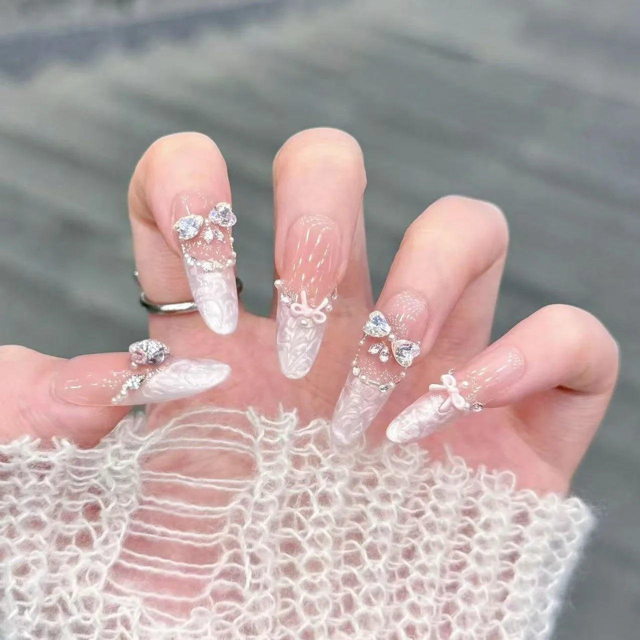 10Pcs Handmade Press on Nails Full Cover Butterflies Rhinestones Design Pink  Almond False Nails Wearable Manicure Nail Tips Art