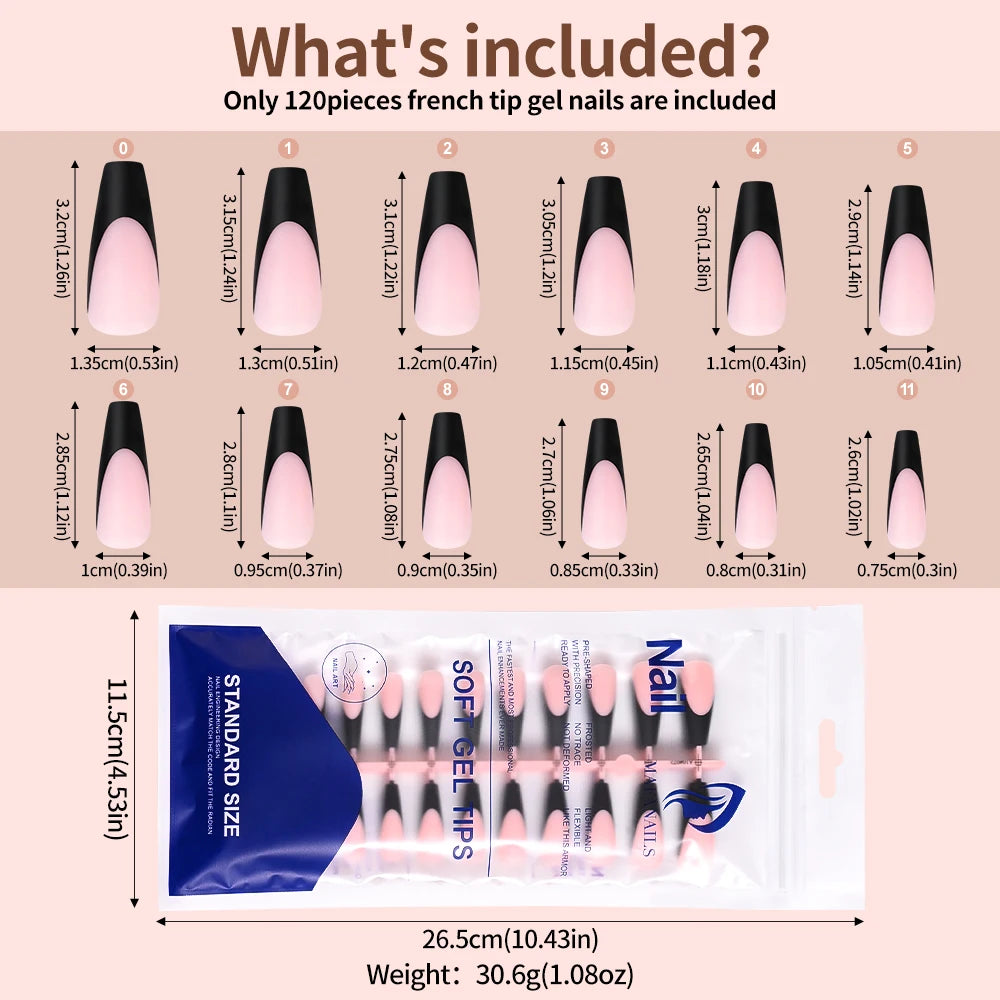 120 Faux Ongles Gel French Mat – Forme Coffin Longue, 12 Tailles, Effet Professionnel