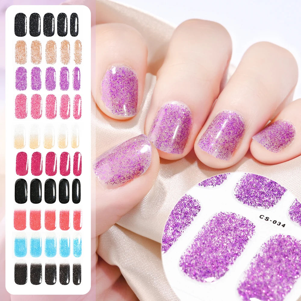 16 Tips UV Semi-Cured Gel Nails Sticker French Full Cover Luminous White Glitter Gel Nail Wraps UV for Home Nails Extension DIY#