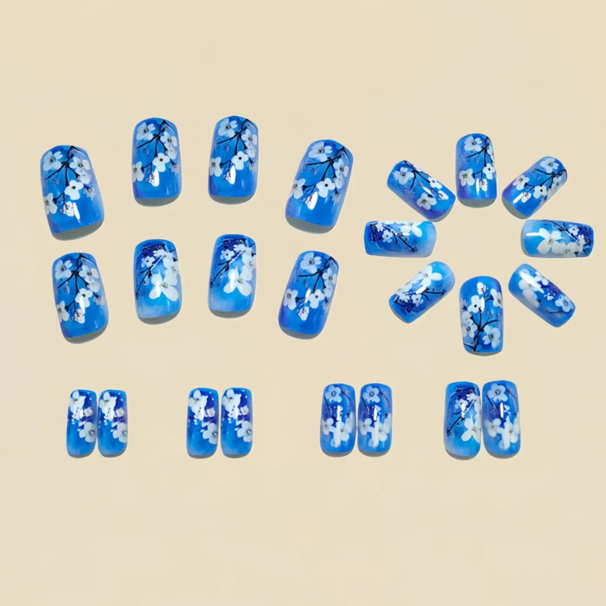 Faux Ongles Press-On Floraux – Motif Fleurs Blanches Printemps-Été – Taille Moyenne – Finition Brillante