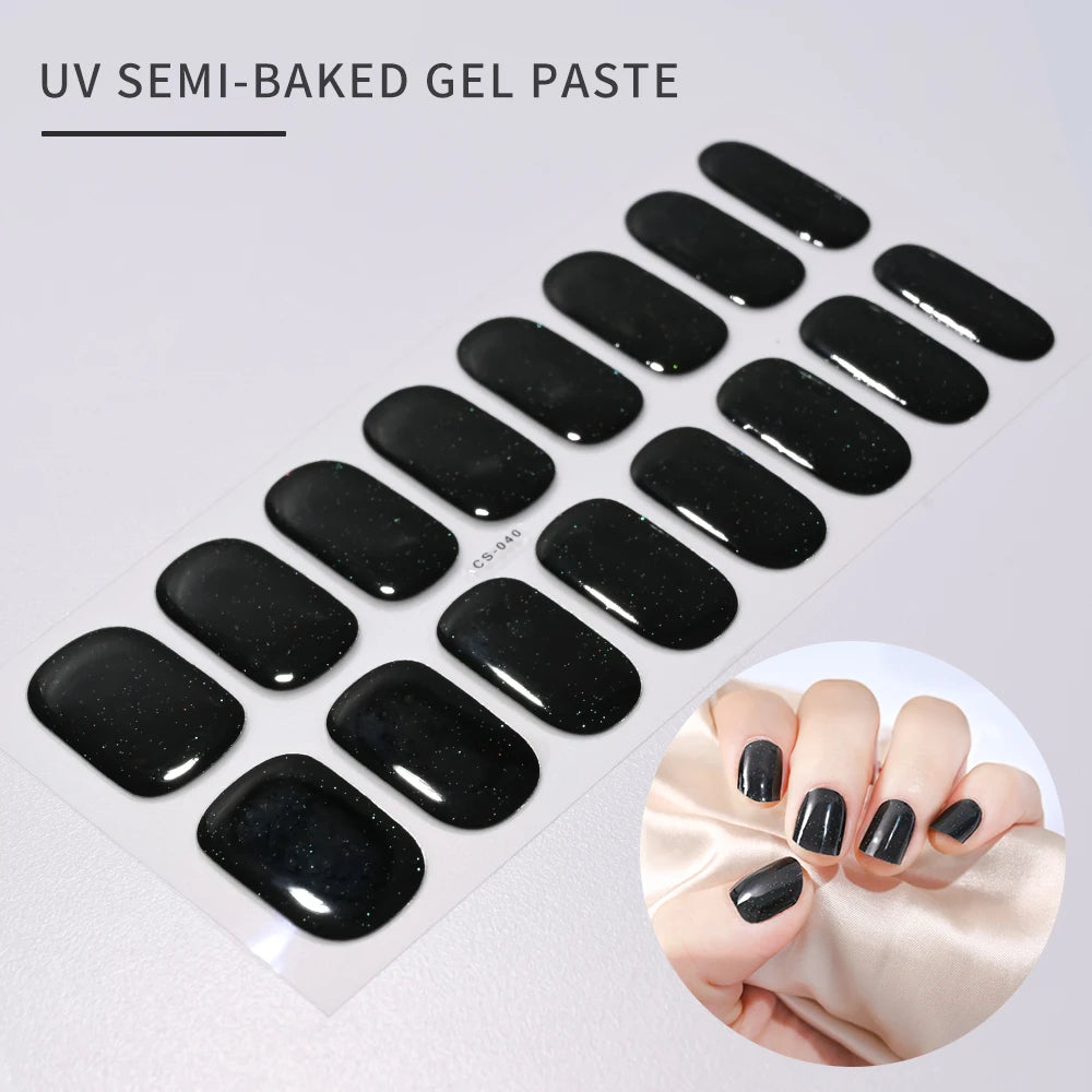 16 Tips UV Semi-Cured Gel Nails Sticker French Full Cover Luminous White Glitter Gel Nail Wraps UV for Home Nails Extension DIY#