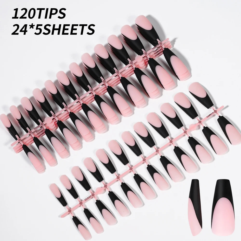 120 Faux Ongles Gel French Mat – Forme Coffin Longue, 12 Tailles, Effet Professionnel
