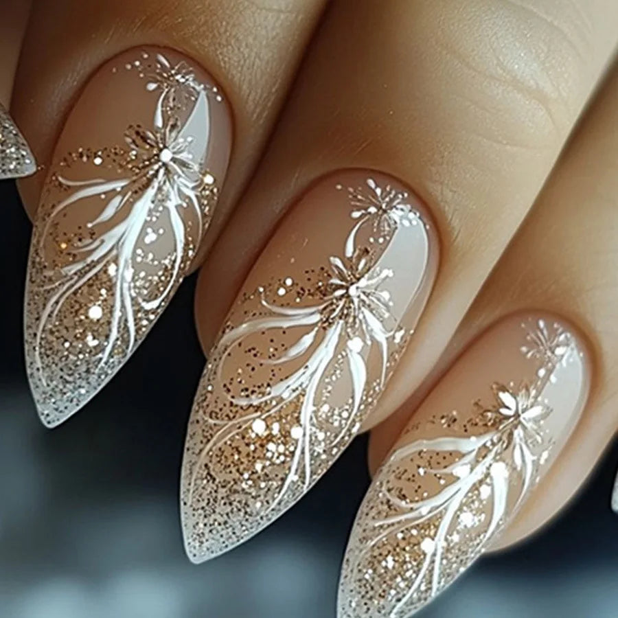 Faux Ongles 24 pièces – Dégradé Brillant, Paillettes & Cœurs, Style French Élégant
