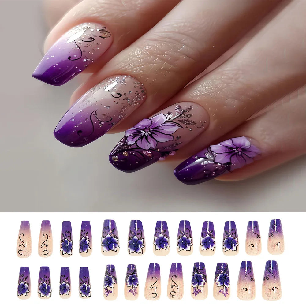 Faux Ongles 24 pièces – Dégradé Brillant, Paillettes & Cœurs, Style French Élégant